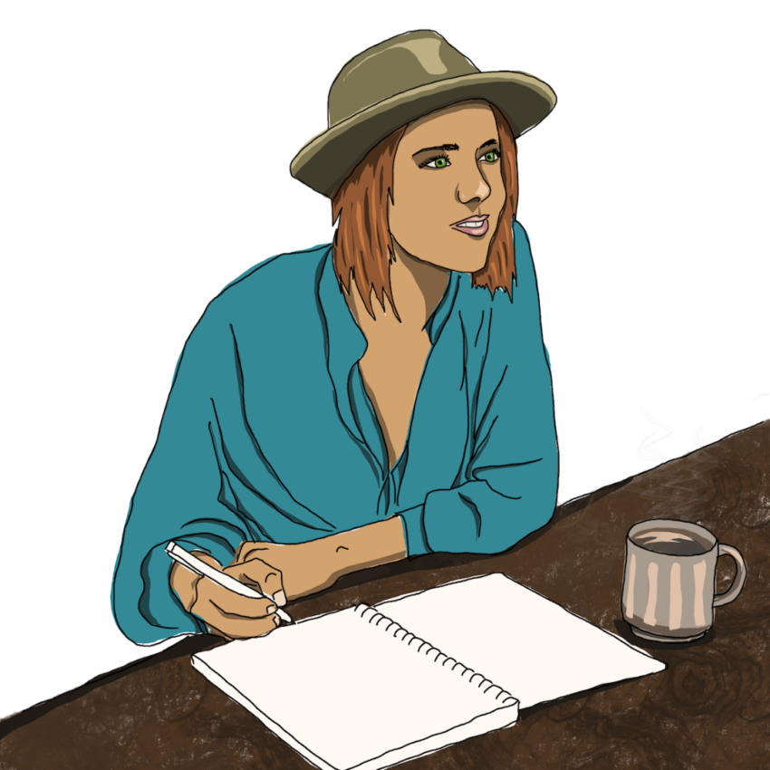 illustrated woman sitting at a table writing in a notebook.