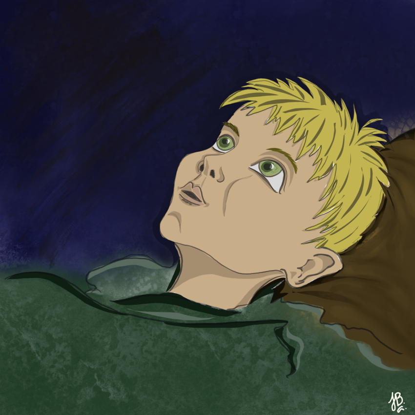 Illustration of a blond haired person lying in bed in the middle of the night looking up at the strange noise in the ceiling.